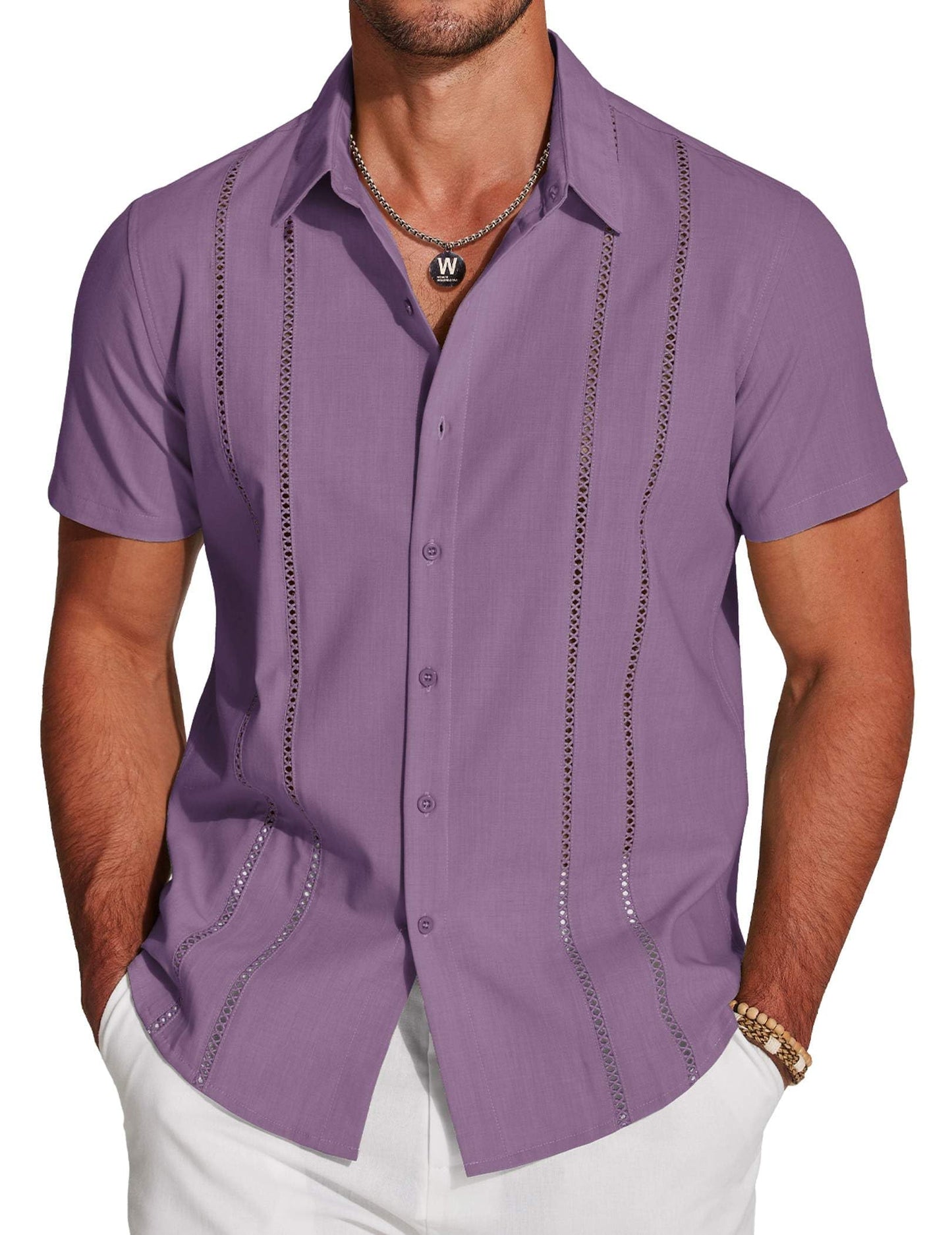Men's Cuban Guayabera Shirt Short Sleeve Button Down Shirts Casual Summer Beach Linen Shirts