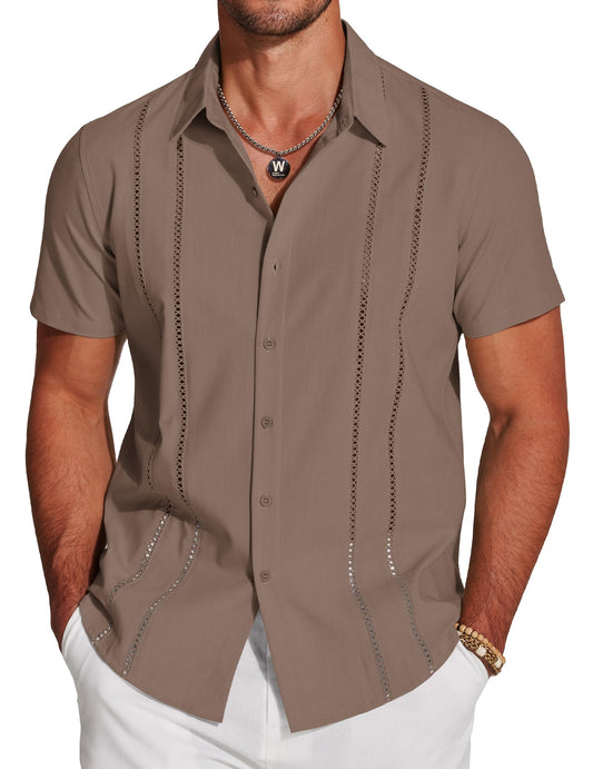 Men's Cuban Guayabera Shirt Short Sleeve Button Down Shirts Casual Summer Beach Linen Shirts
