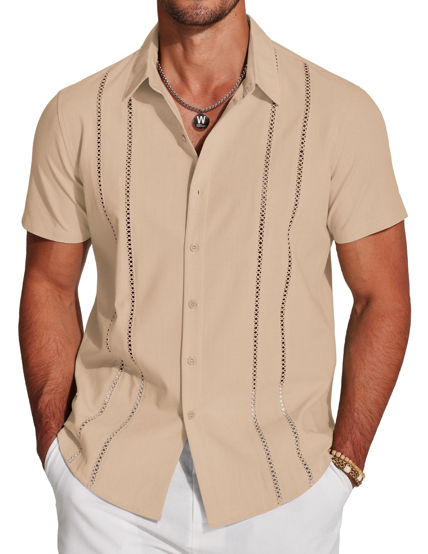 Men's Cuban Guayabera Shirt Short Sleeve Button Down Shirts Casual Summer Beach Linen Shirts