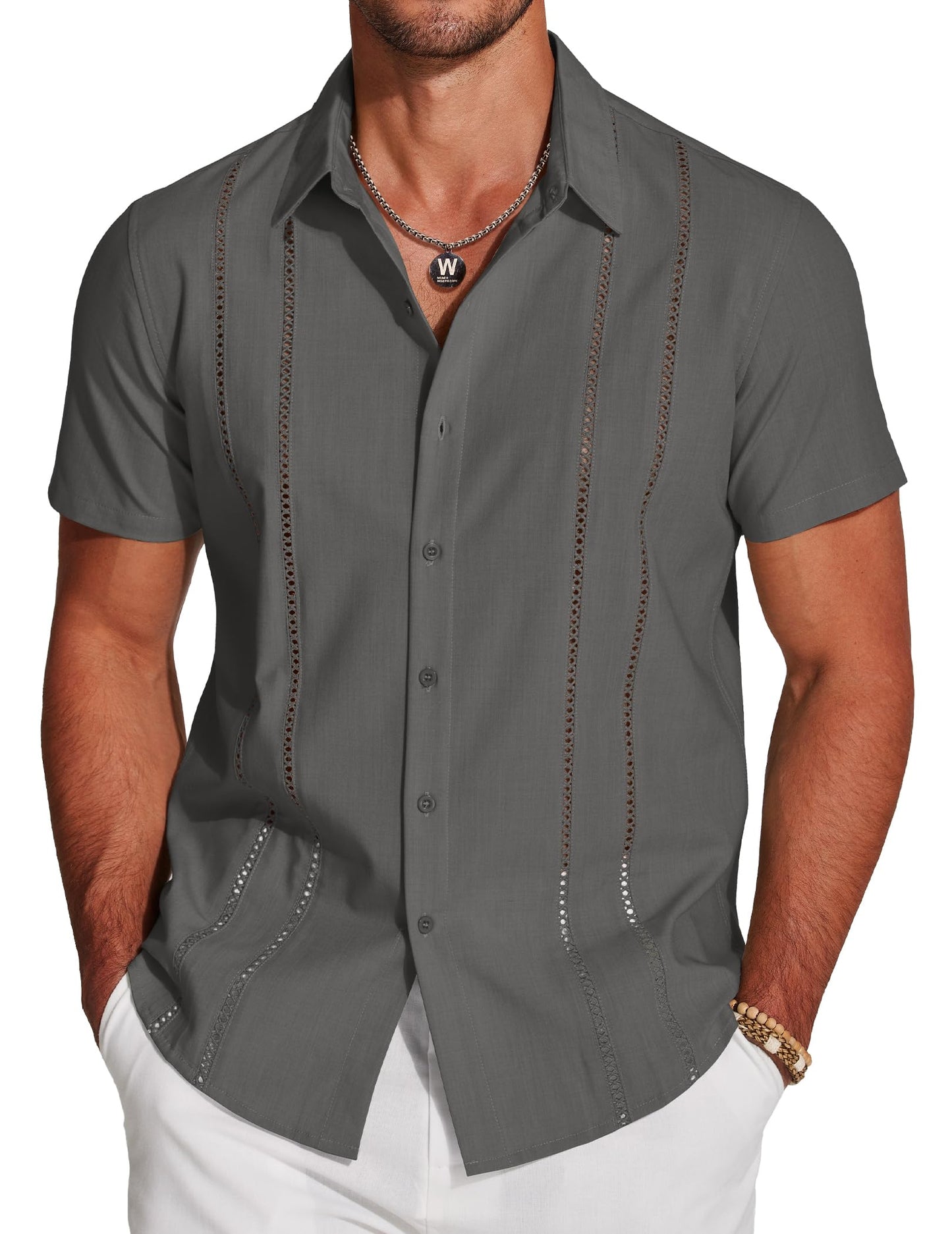 Men's Cuban Guayabera Shirt Short Sleeve Button Down Shirts Casual Summer Beach Linen Shirts