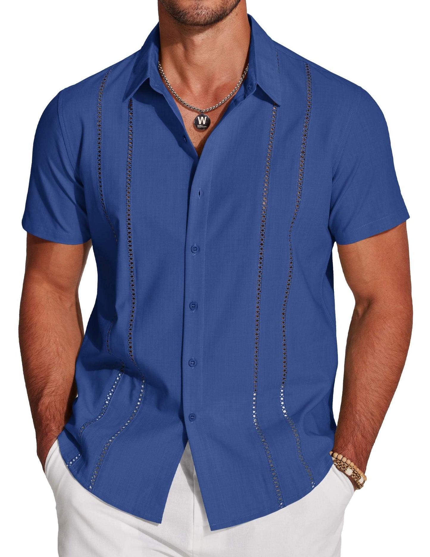 Men's Cuban Guayabera Shirt Short Sleeve Button Down Shirts Casual Summer Beach Linen Shirts